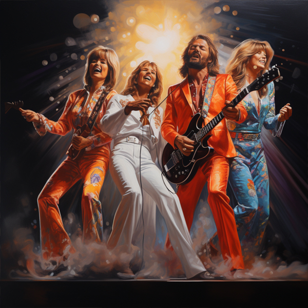 Graphic of group of 4 people dressed 1970s style on style