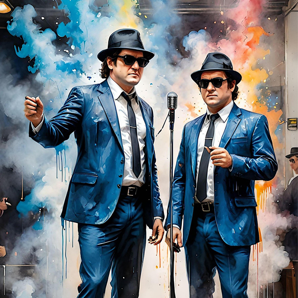 Graphic of two men in suits singing into a stand microphone