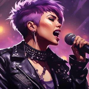 GRaphic image of a woman with purple hair singing into a microphone