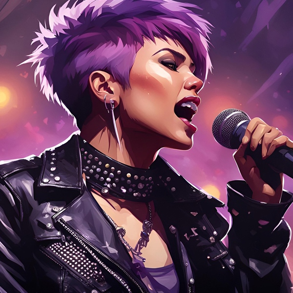 GRaphic image of a woman with purple hair singing into a microphone